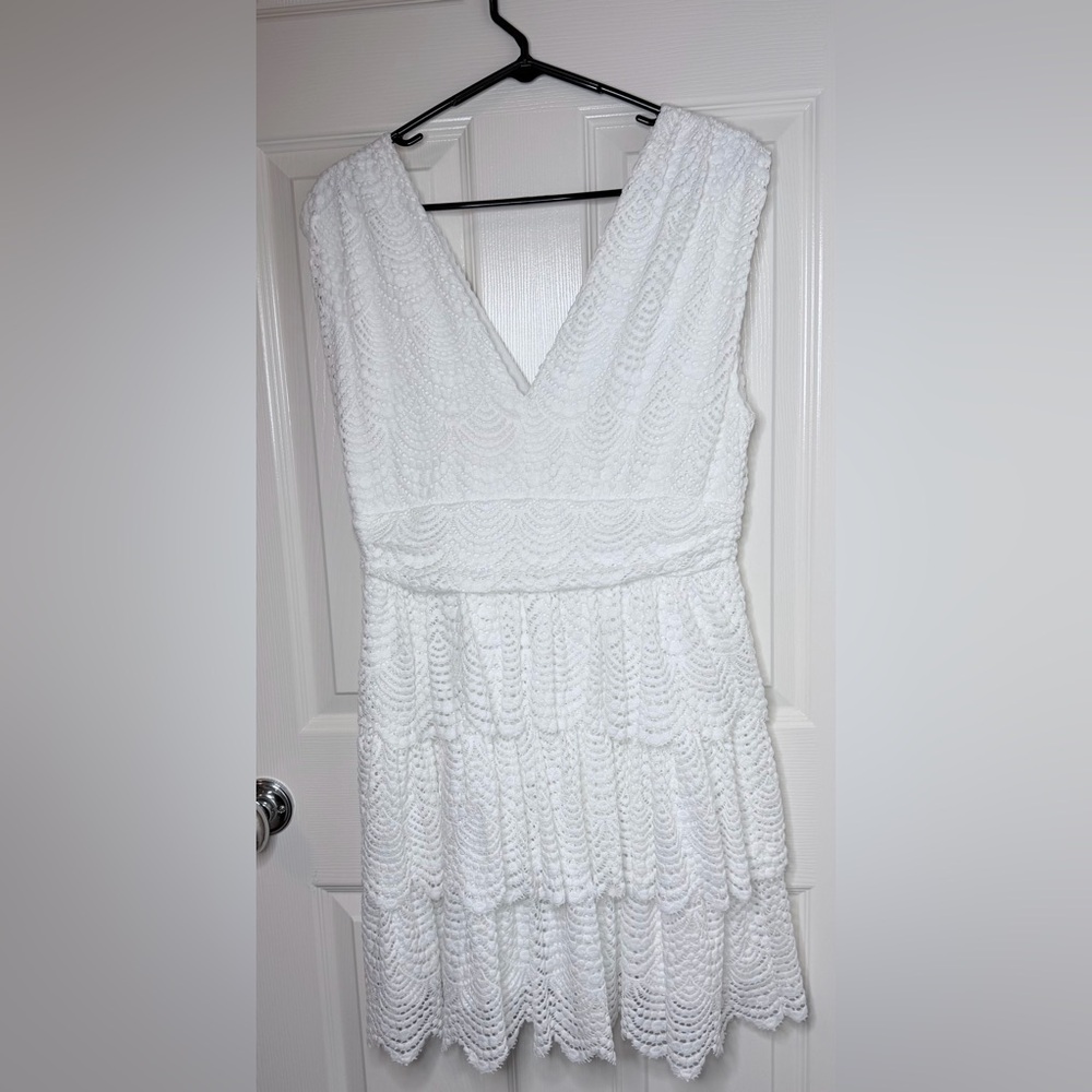 LILLY PULITZER FAYE V-NECK LACE RUFFLE DRESS RESORT WHITE SCALLOPED SHELL LACE L - Picture 3 of 15